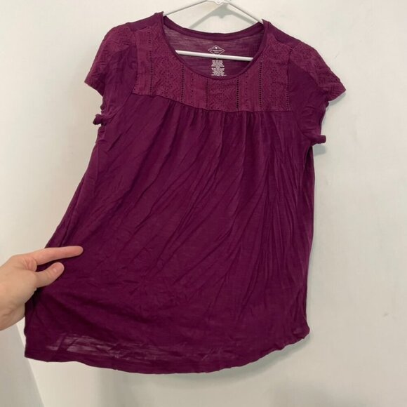 ST. JOHN'S BAY Plum Purple Geo Geometric Crochet Trim Boho Short Sleeve Blouse L - Picture 8 of 10